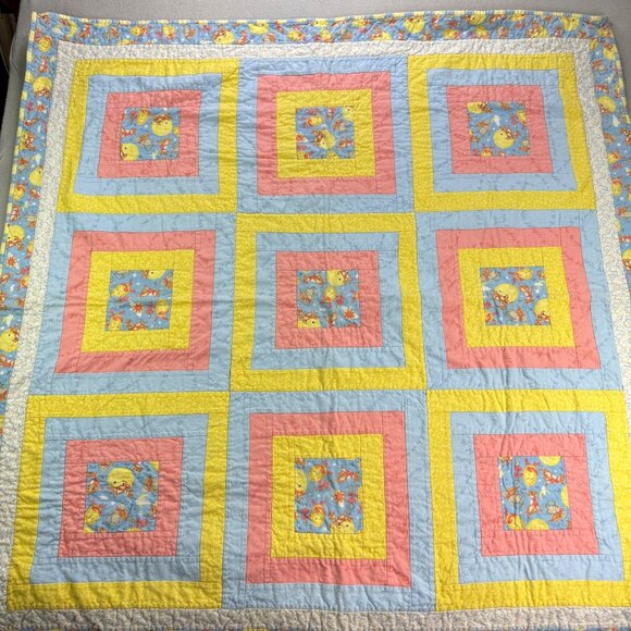 Vintage Handmade Baby Blanket Patchwork Quilt Nursery Rhymes Safety Pin Fabric - Picture 4 of 9